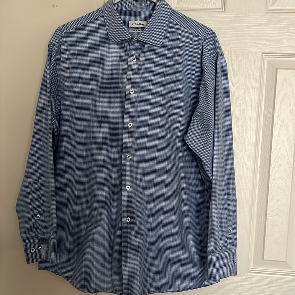 Calvin Klein blue and white dress shirt.